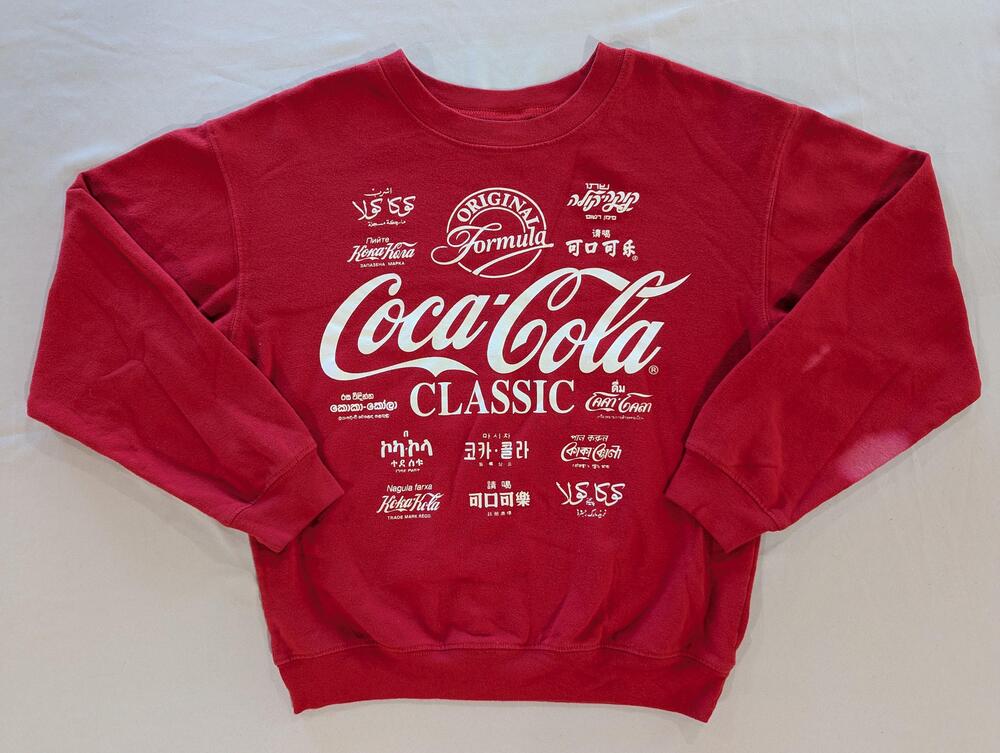 Coca-Cola Sweatshirt Small Red Fleece Pullover Multilingual Graphic